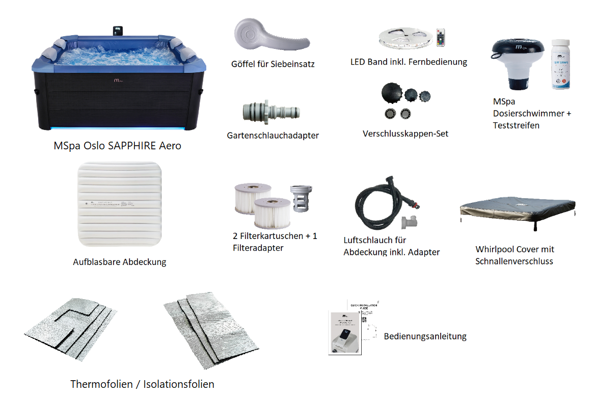 MSpa Whirlpool OSLO SAPPHIRE AERO 2027 XXL 160cm inkl. App, LED, 8 Hydromassagedüsen, 120 Luftdüsen