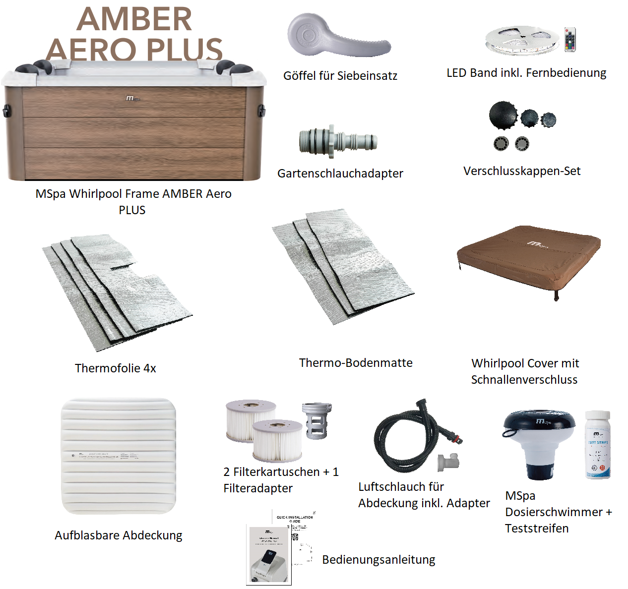 MSpa Whirlpool AMBER AERO PLUS 2026 XXL inkl. App, LED, 8 Hydromassagedüsen, 140 Luftdüsen