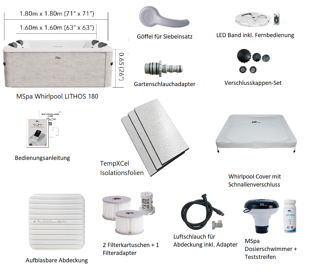 MSpa Whirlpool OSLO LITHOS 2027 XXL 180cm inkl. App, LED, 8 Hydromassagedüsen, 140 Luftdüsen