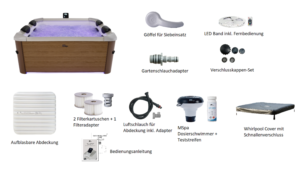 MSpa Whirlpool  Oslo AMBER Aero Modell 2027 160 cm inkl. LED, WiFi, UVC - 120 Luftdüsen, 8 Hydromassagedüsen