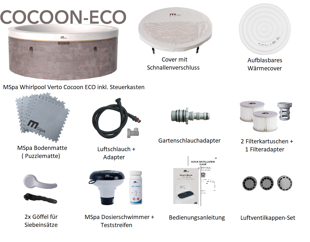 MSpa Whirlpool COCOON ECO 2026 inkl. App + Hydromassagedüsen, 130 Luftdüsen , UVC - 180 cm