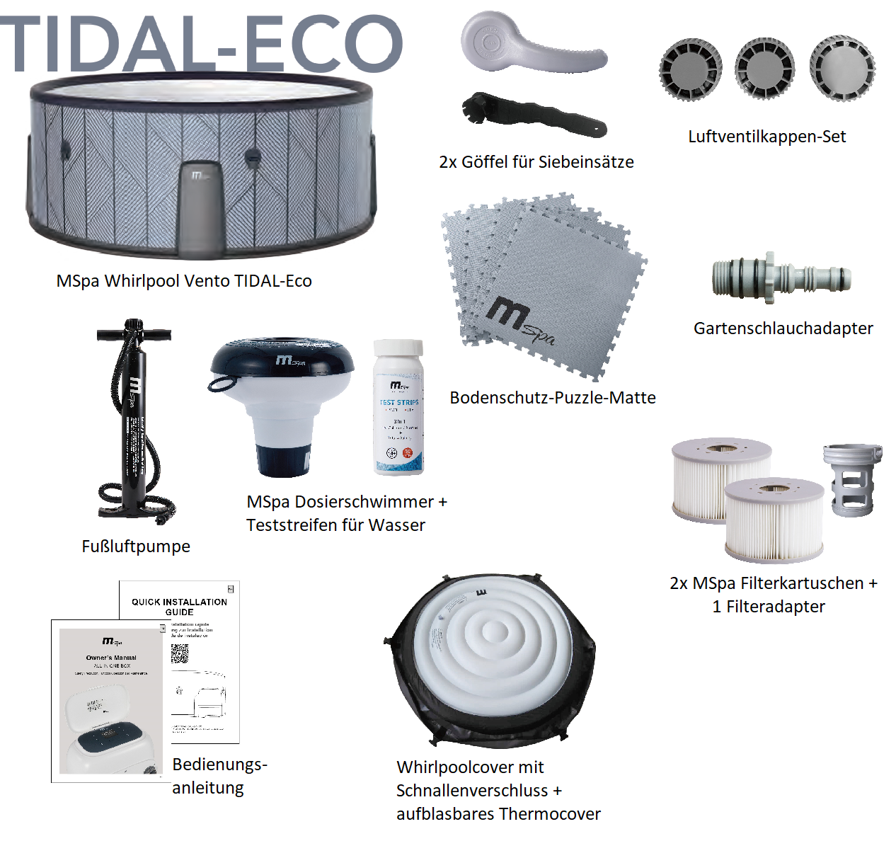 MSpa Whirlpool TIDAL ECO 2026 inkl. App + Hydromassagedüsen & 138 Luftdüsen - 173 cm